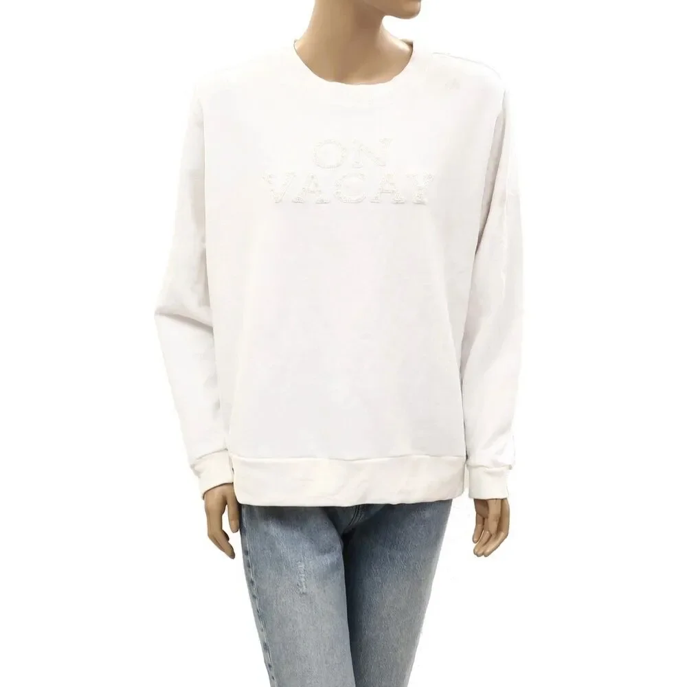 Lilly Pulitzer Long Sleeve Beaded Sweatshirt Top Ribbed White Cotton XL 288316